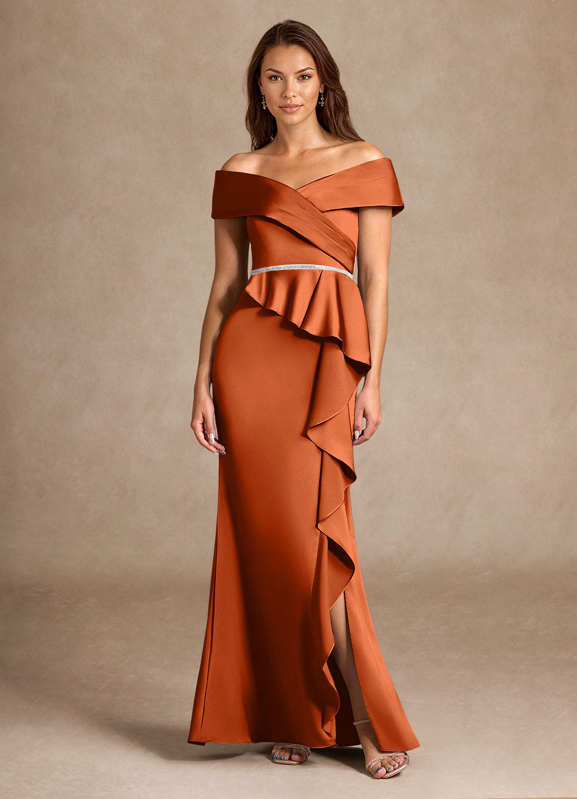 Azazie Dareia vestidos de madre de la novia Vestido de Naranja Quemada de Satén Elástico de Sirena con Vestidos sin tirantes image2