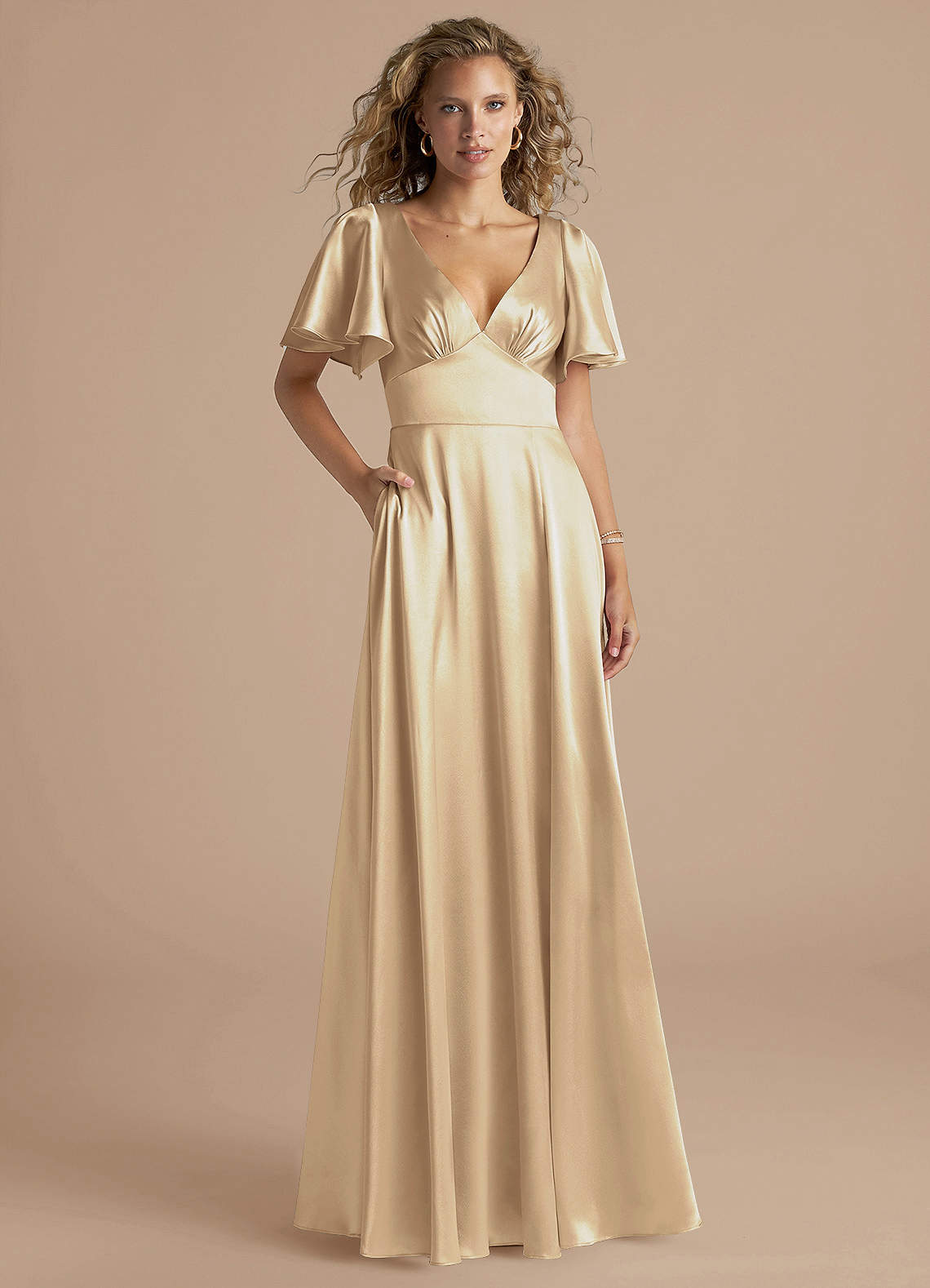 Azazie Kimber Bridesmaid Dresses Champagne A-Line Ruched Metallic Satin Dress image1