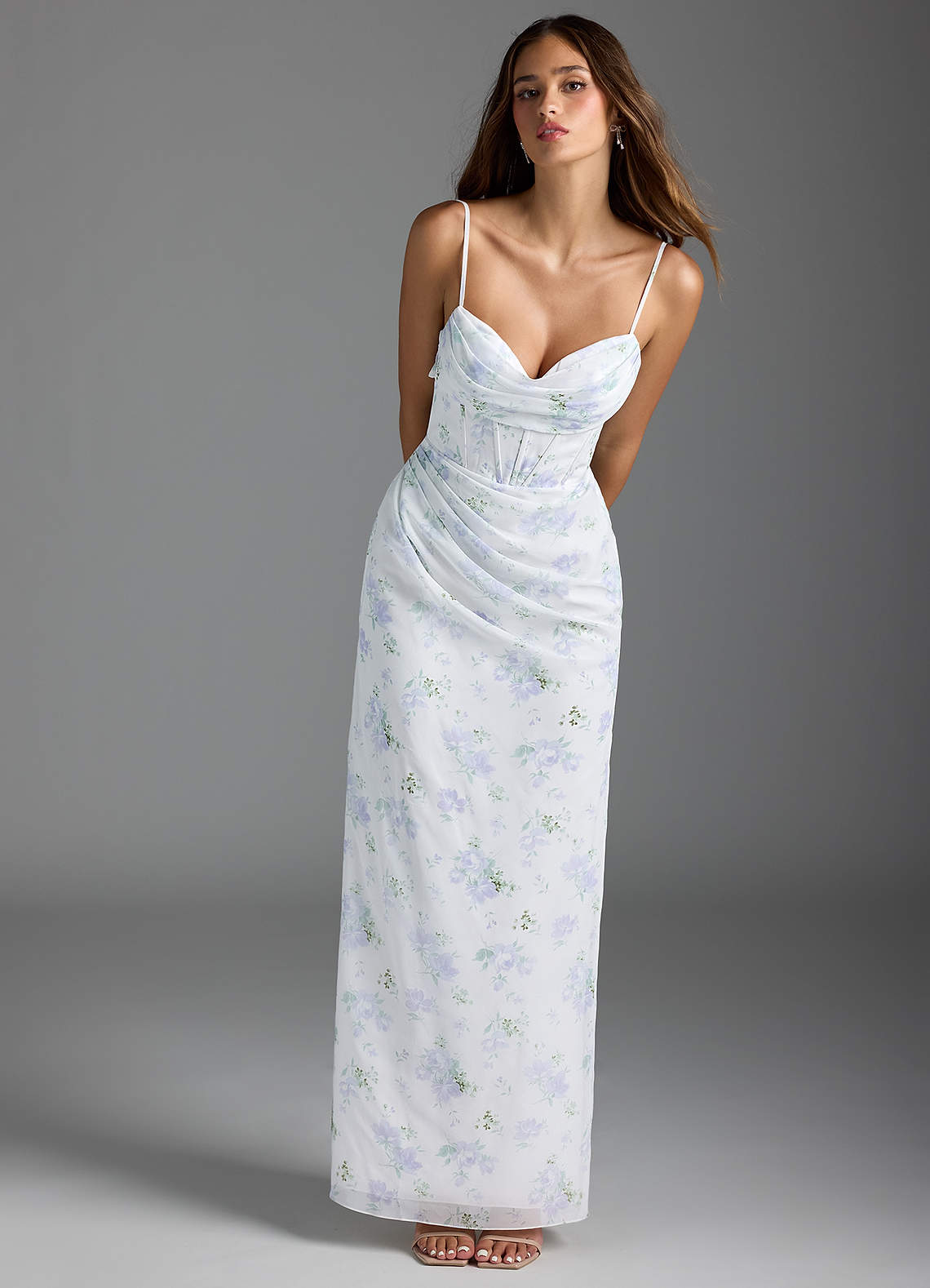 Azazie Mai Bridesmaid Dresses Blue Vintage Floral Sheath Pleated Chiffon Dress image1