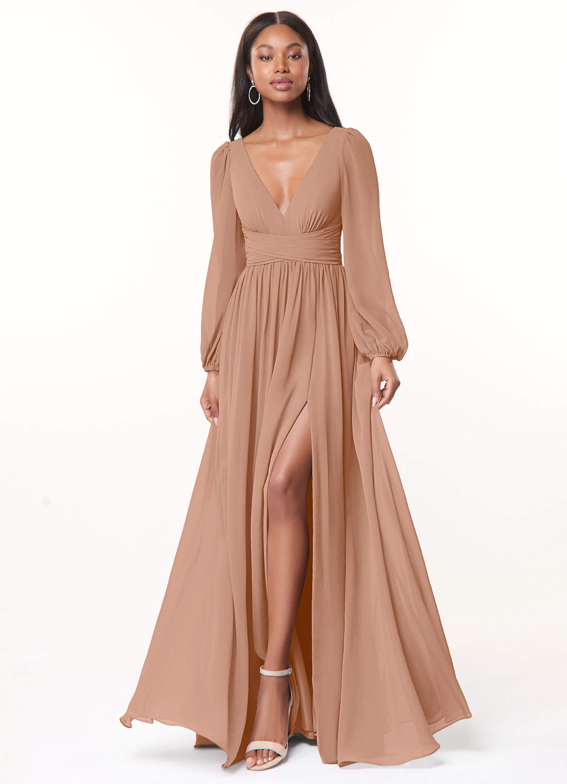 Azazie Norah Brautjungfernkleider A-Linie Lange Ärmel mit V-Ausschnitt Chiffon Kleid Champagner Rosa image1