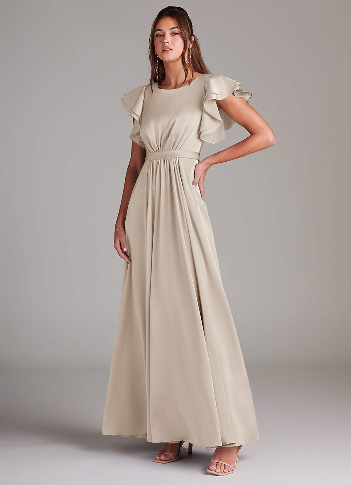 Azazie Daphne Modest Bridesmaid Dresses A-Line Ruched Stretch Satin Floor-Length Dress image3