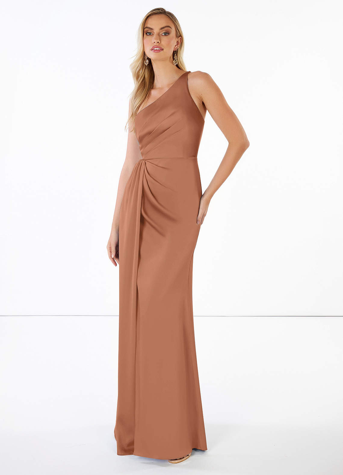 One Shoulder Stretch Satin Floor-Length Dress Rust Plus Size