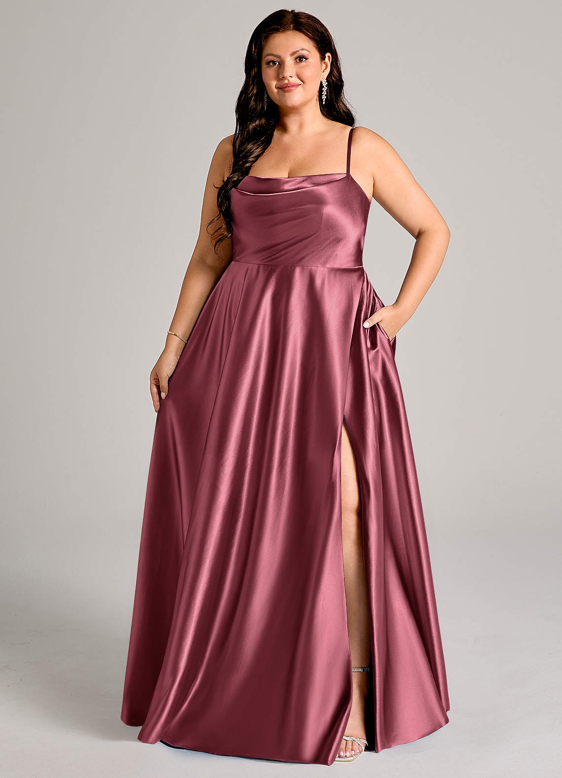 Azazie Elle Bridesmaid Dresses Desert Rose A-Line with Pockets Metallic Satin Dress image1
