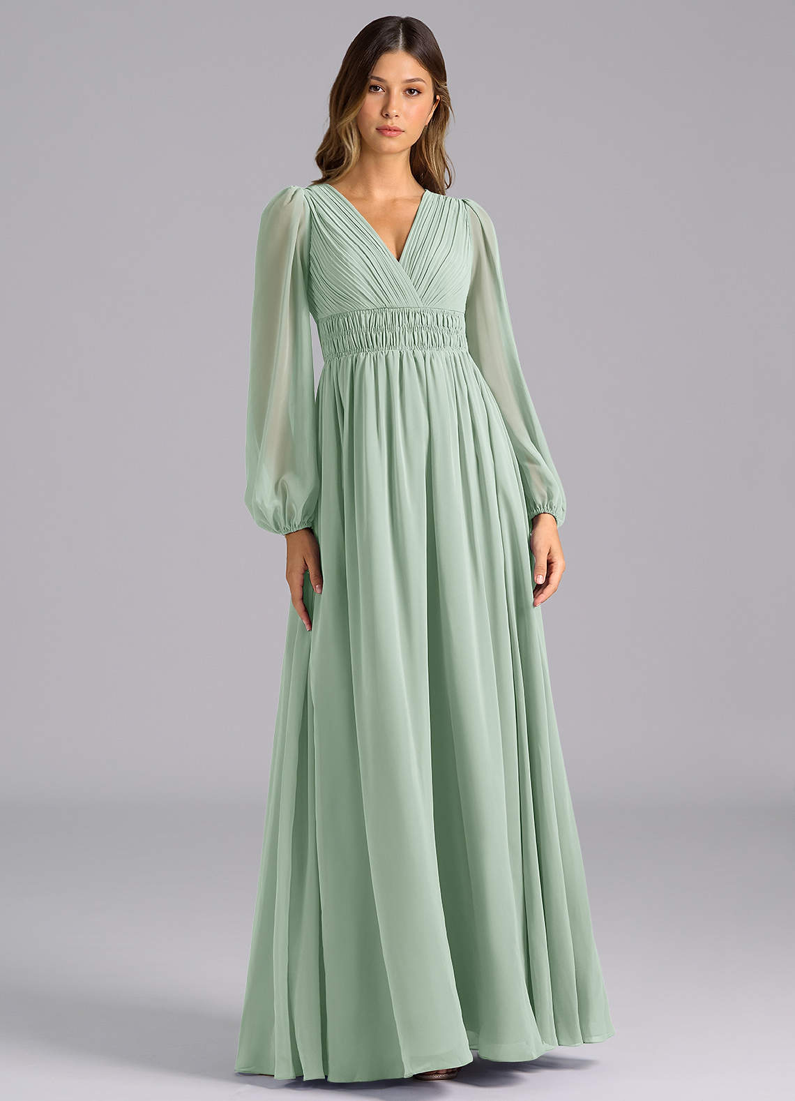 Azazie Palerma Bridesmaid Dresses Agave A-Line Long Sleeve Chiffon Dress image1