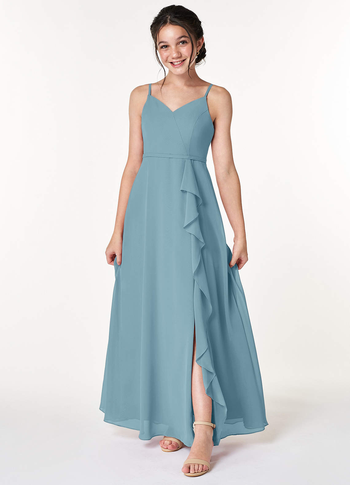 Azazie Naeem Junior Moody Blue A-Line Ruched Chiffon Dress image1