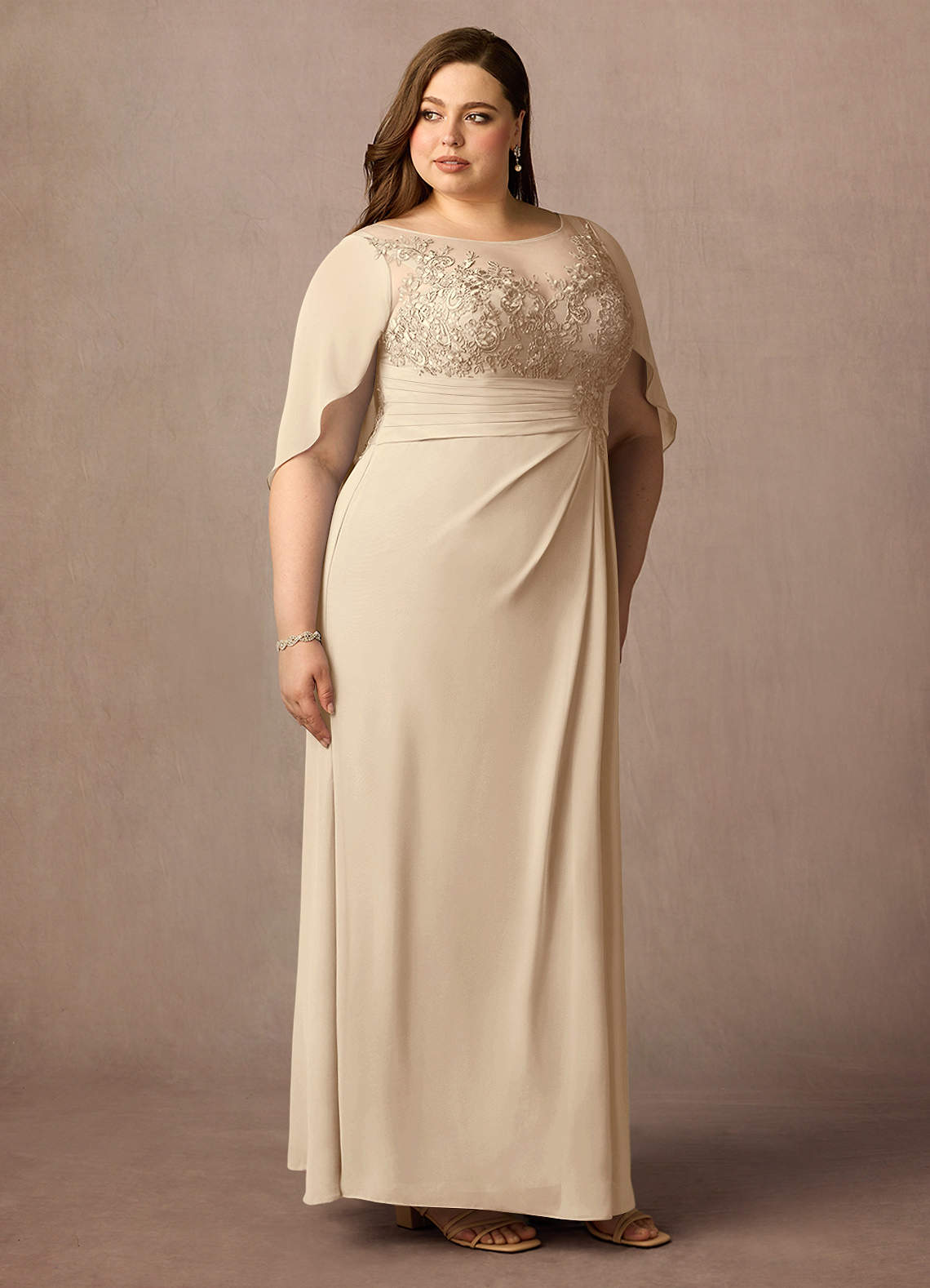 Azazie Hera Mother of the Bride Dresses Champagne A-Line Lace Capelet Chiffon Dress image9