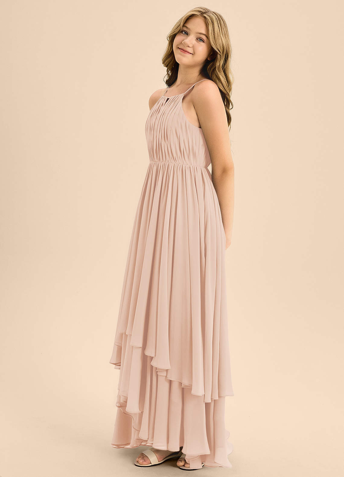 Azazie Elliora Junior Vestido de Rosa Inglesa de Gasa de Corte en A con Plisado image5