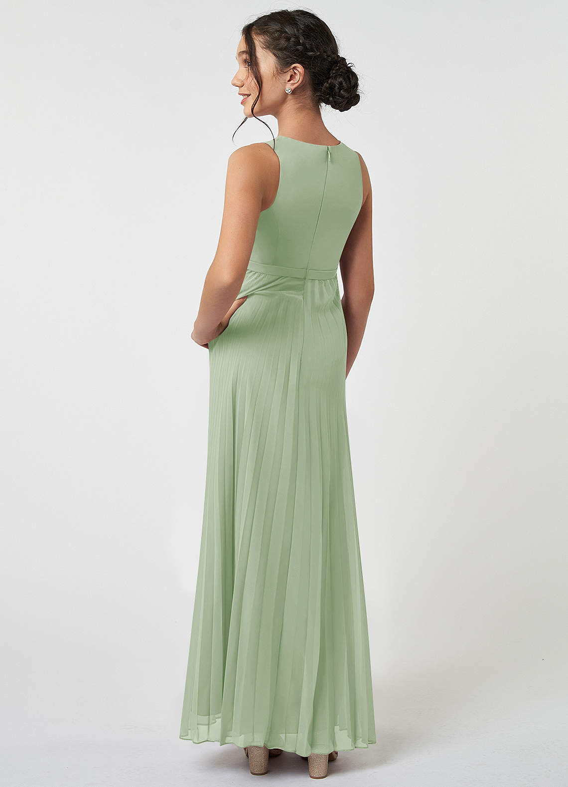 Azazie Lindie Junior Abito A-Line in Chiffon Plissettato Verde Salvia image3