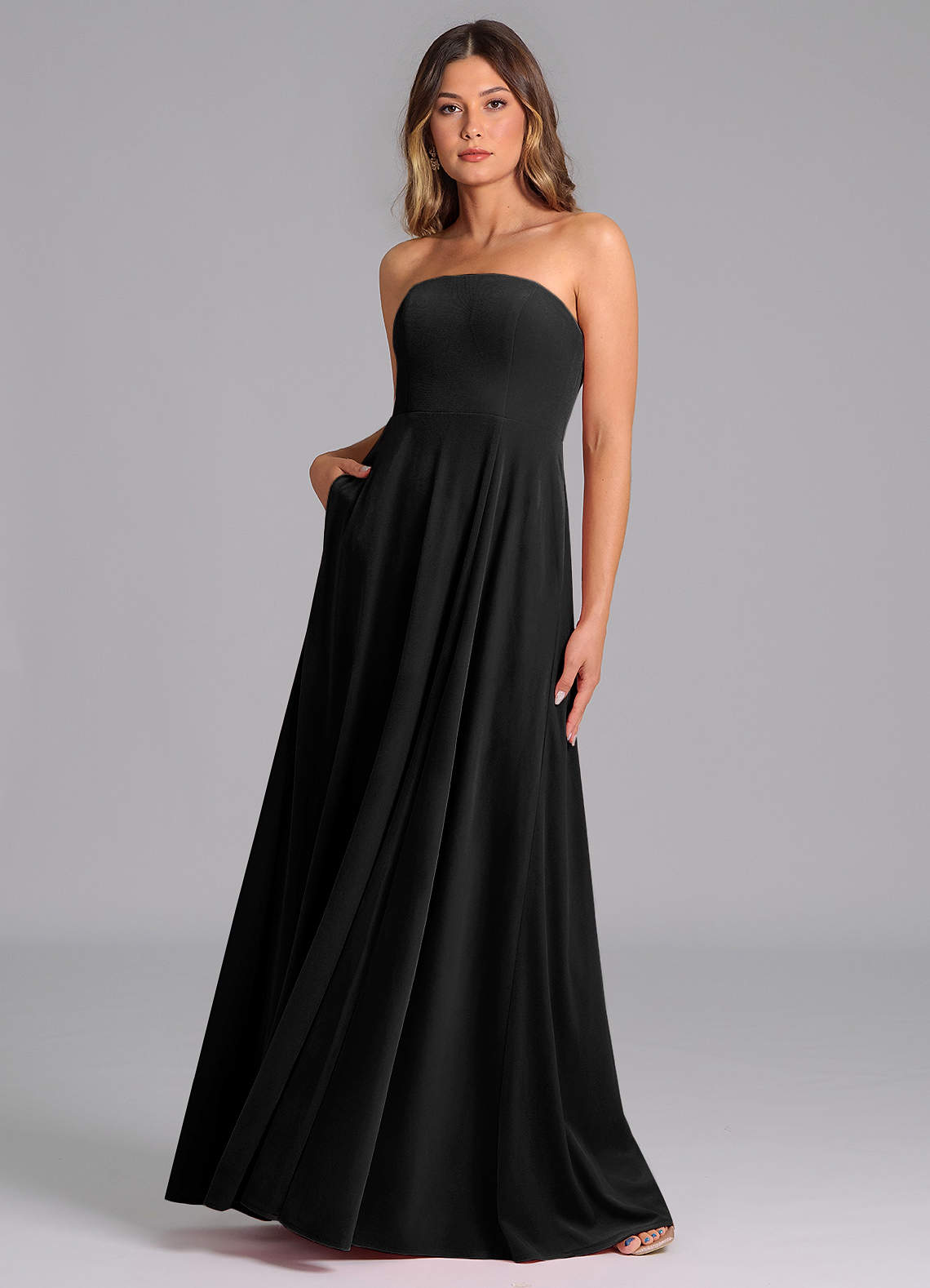 Azazie Wren Jurken voor bruidsmeisjes Jurk van flueel met A-Lijn Strapless Zwart image1