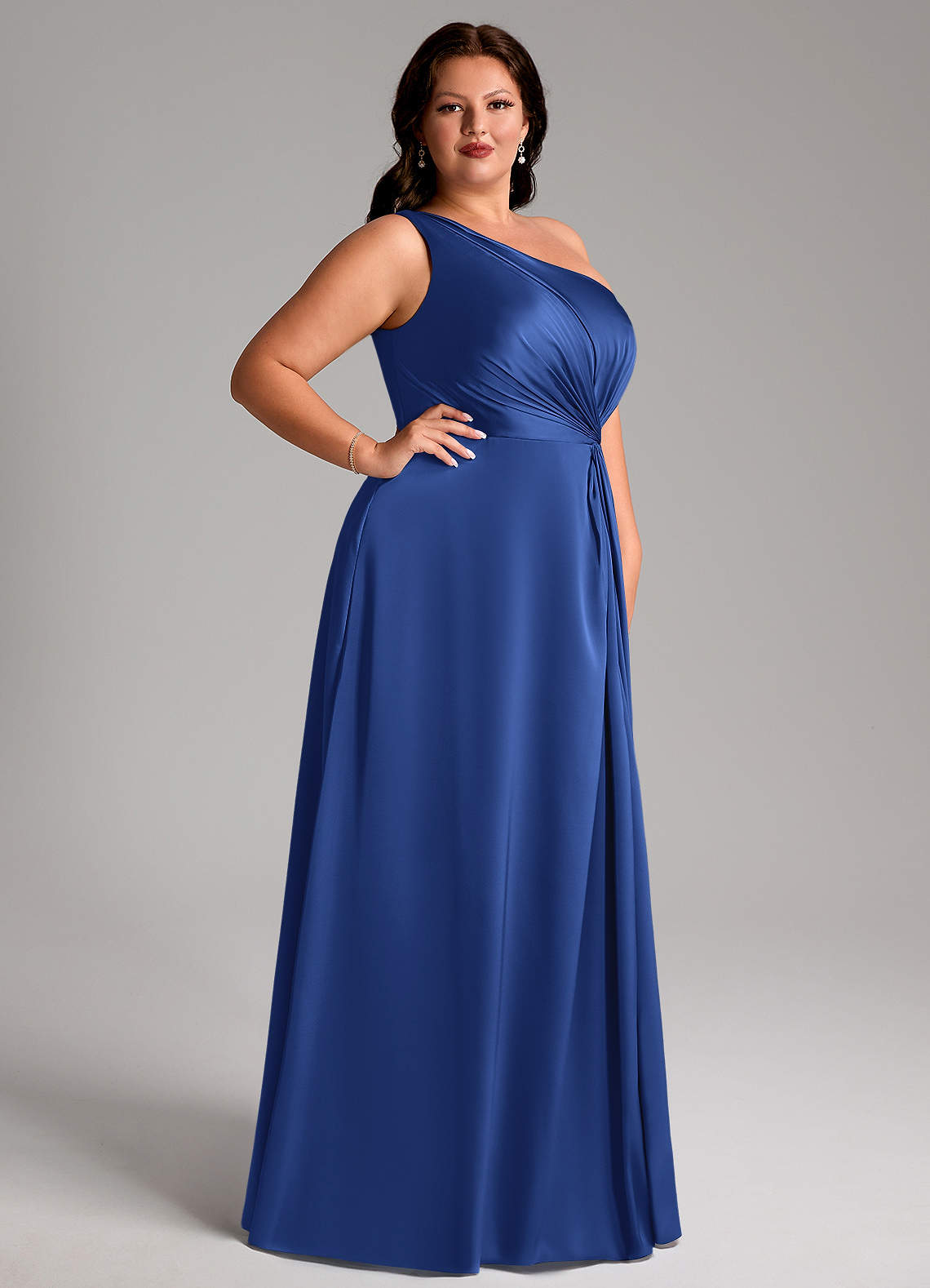 Azazie Brooke Vestidos de damas de honor Vestido de Azul Real de Satén Elástico de Corte en A con Hombro unilateral image9