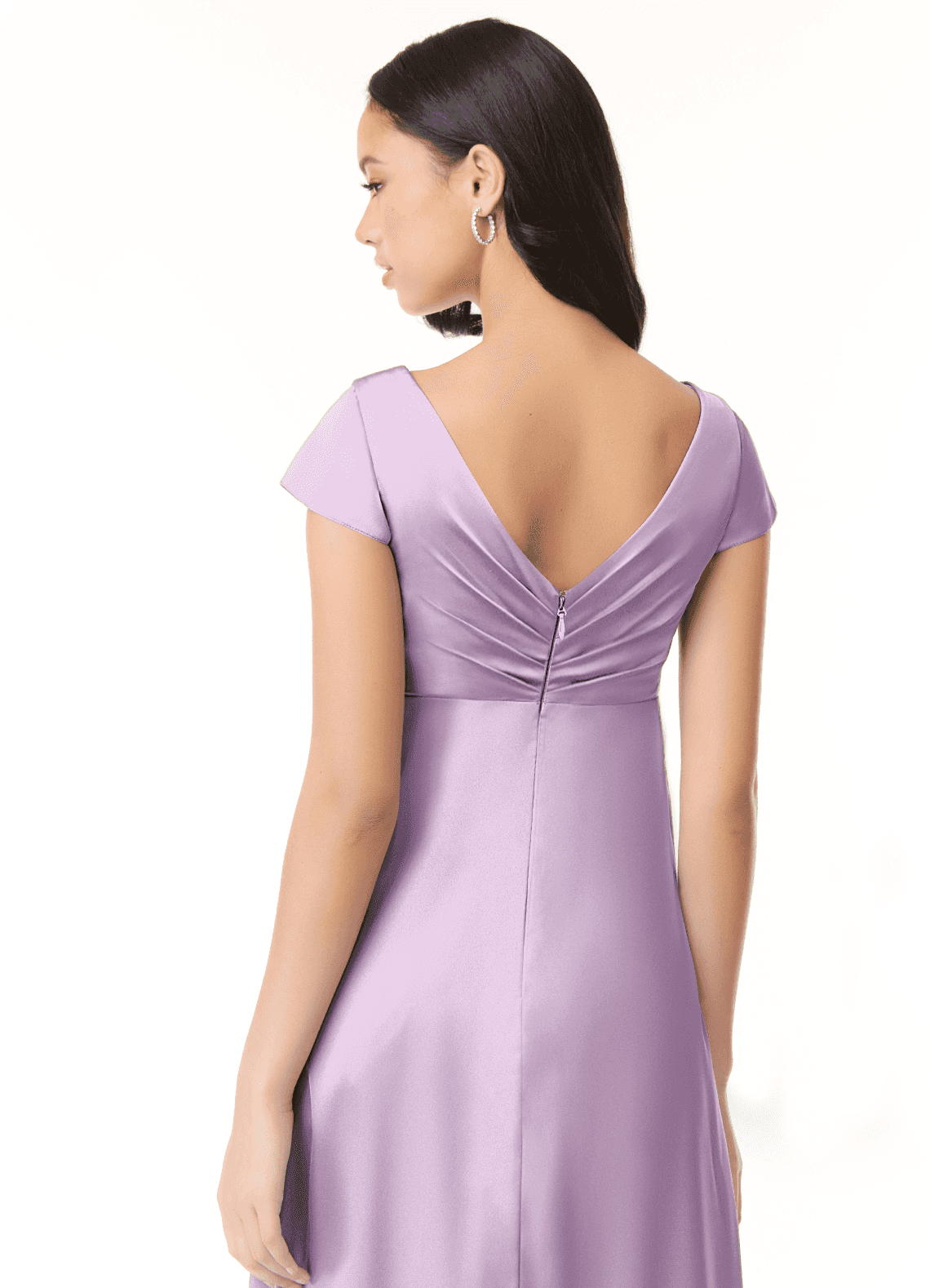 Azazie Allessia At-home Try On Dresses A-Line Pleated Stretch Satin Floor-Length Dress image6