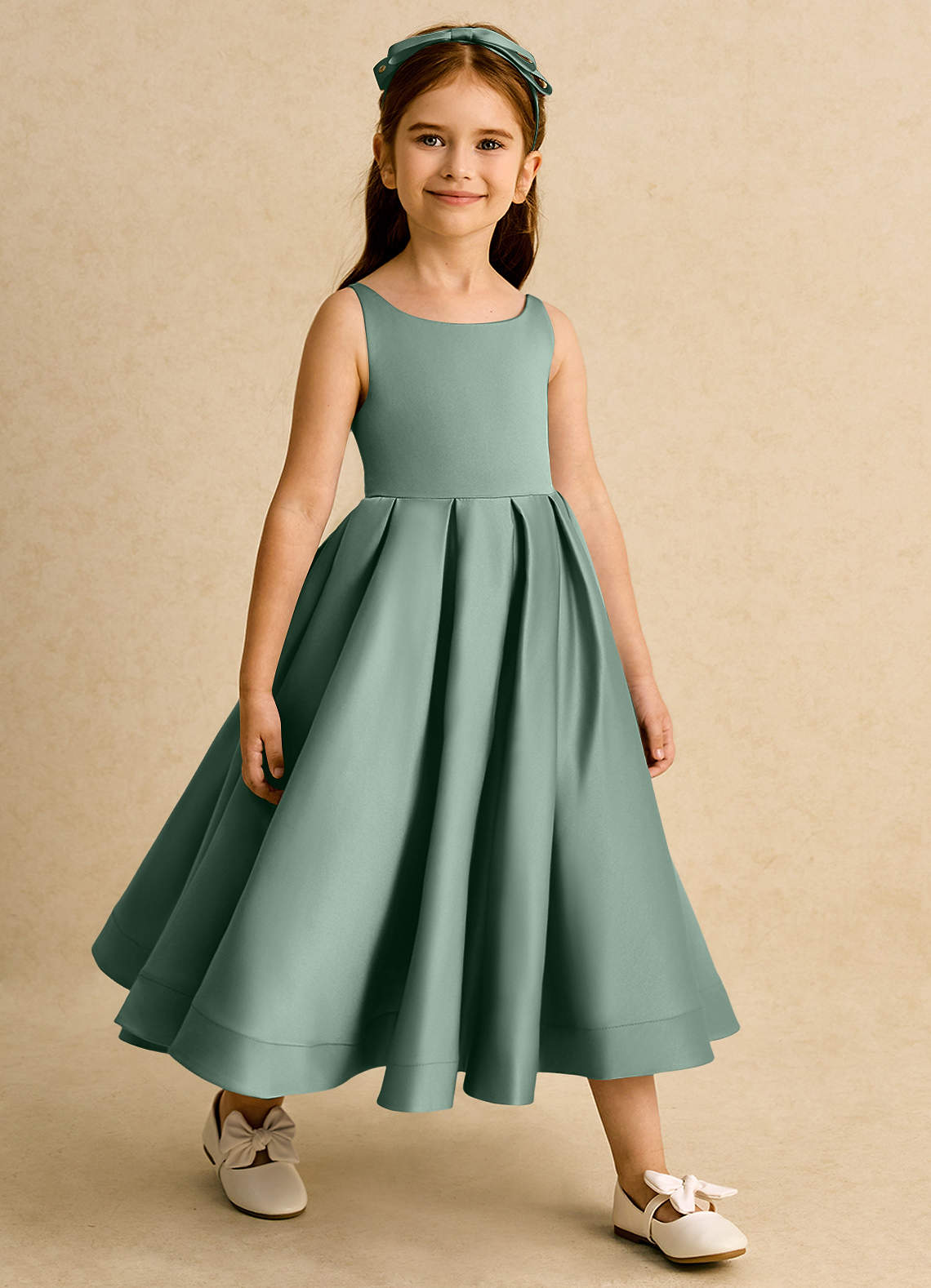 Azazie Babs Flower Girl Dresses Eucalyptus Ball-Gown Pleated Matte Satin Dress image3
