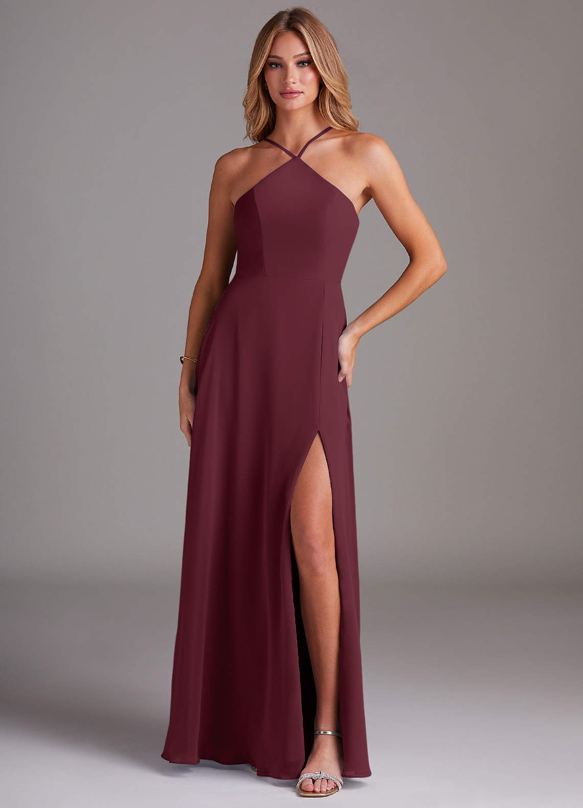 Azazie Bailey Bridesmaid Dresses Cabernet A-Line Halter Side Slit Chiffon Dress image1