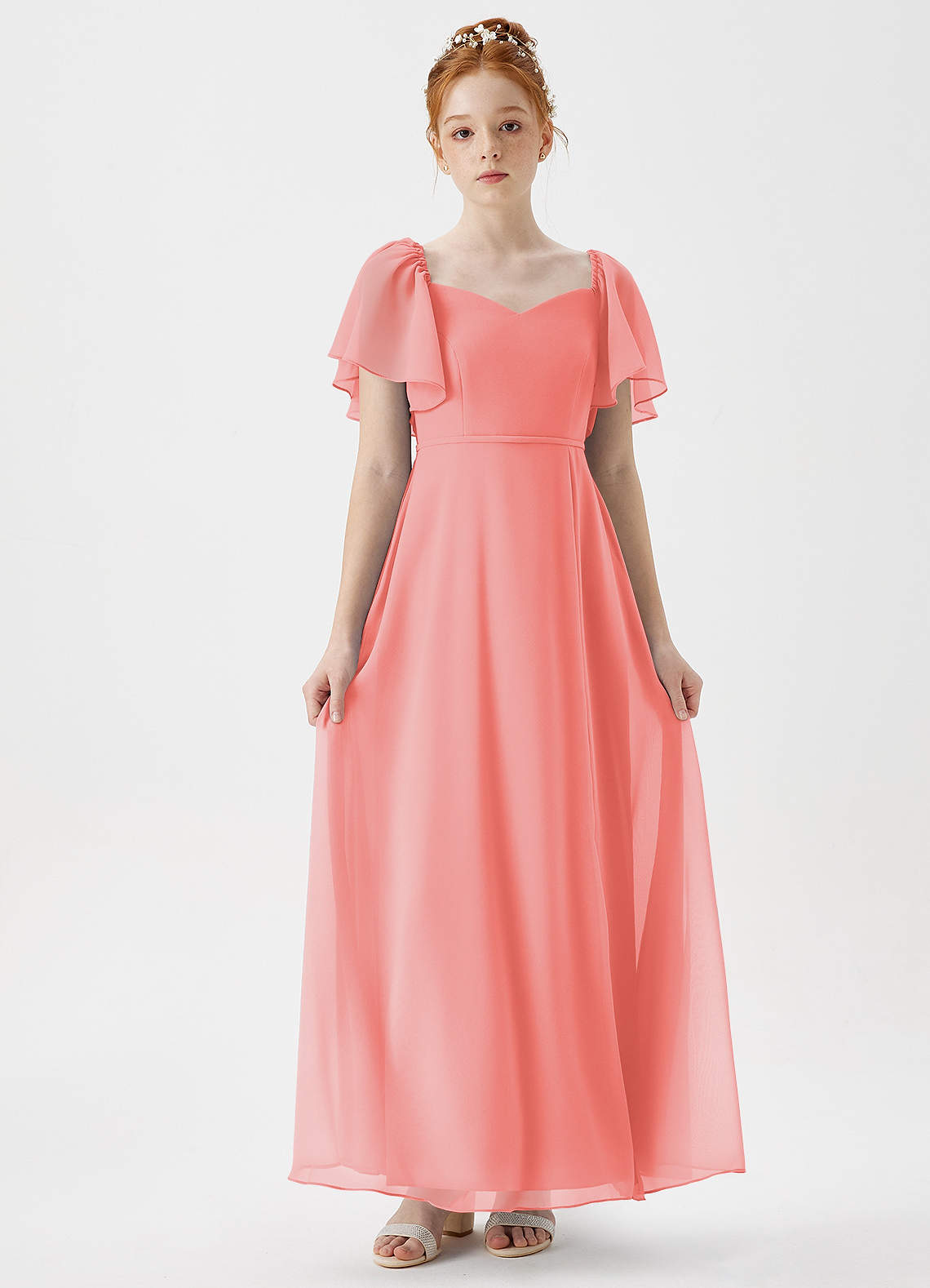Azazie Chloe Junior Robe Trapèze en Mousseline de soie Encolure en Forme de Cœur Corail image1