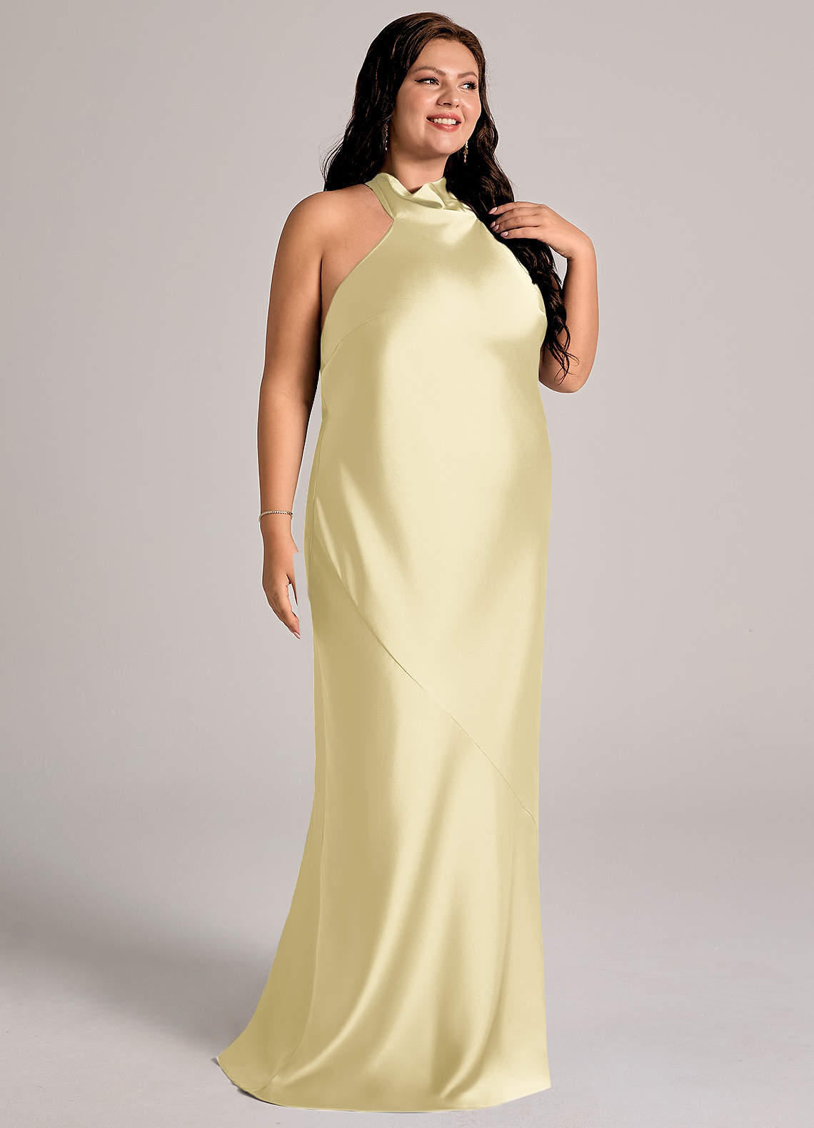 Azazie Velli Bridesmaid Dresses Lemon Sorbet Mermaid High Neck Stretch Satin Dress image10