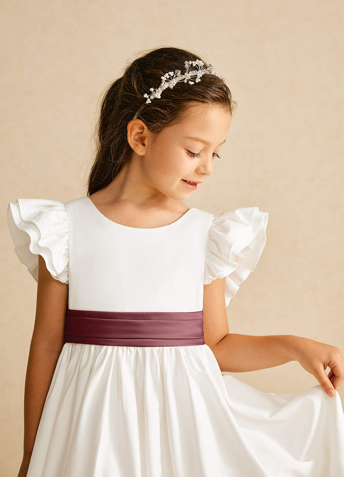 Azazie Aero Vestidos de florista Vestido Marfim Rosa Do Deserto de Algodão de Linha A com Plissado image2