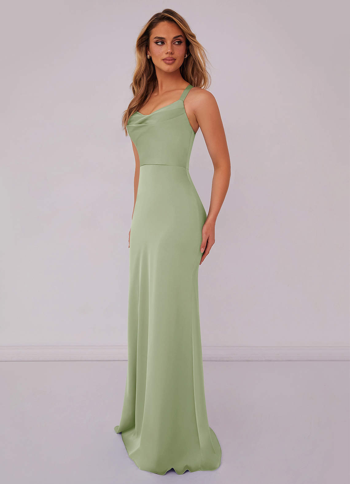 Barbie ♥ Azazie Bridesmaid Dresses Dusty Sage Mermaid Pleated Stretch Satin Dress image3
