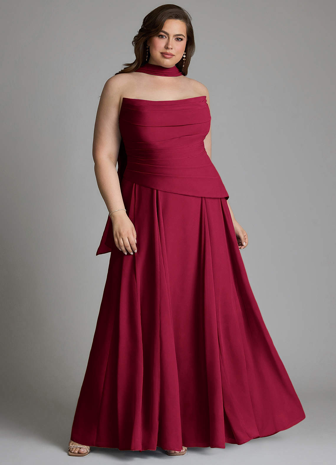Azazie Gabriela At-home Try On Dresses Burgundy A-Line Corset Chiffon Dress image17