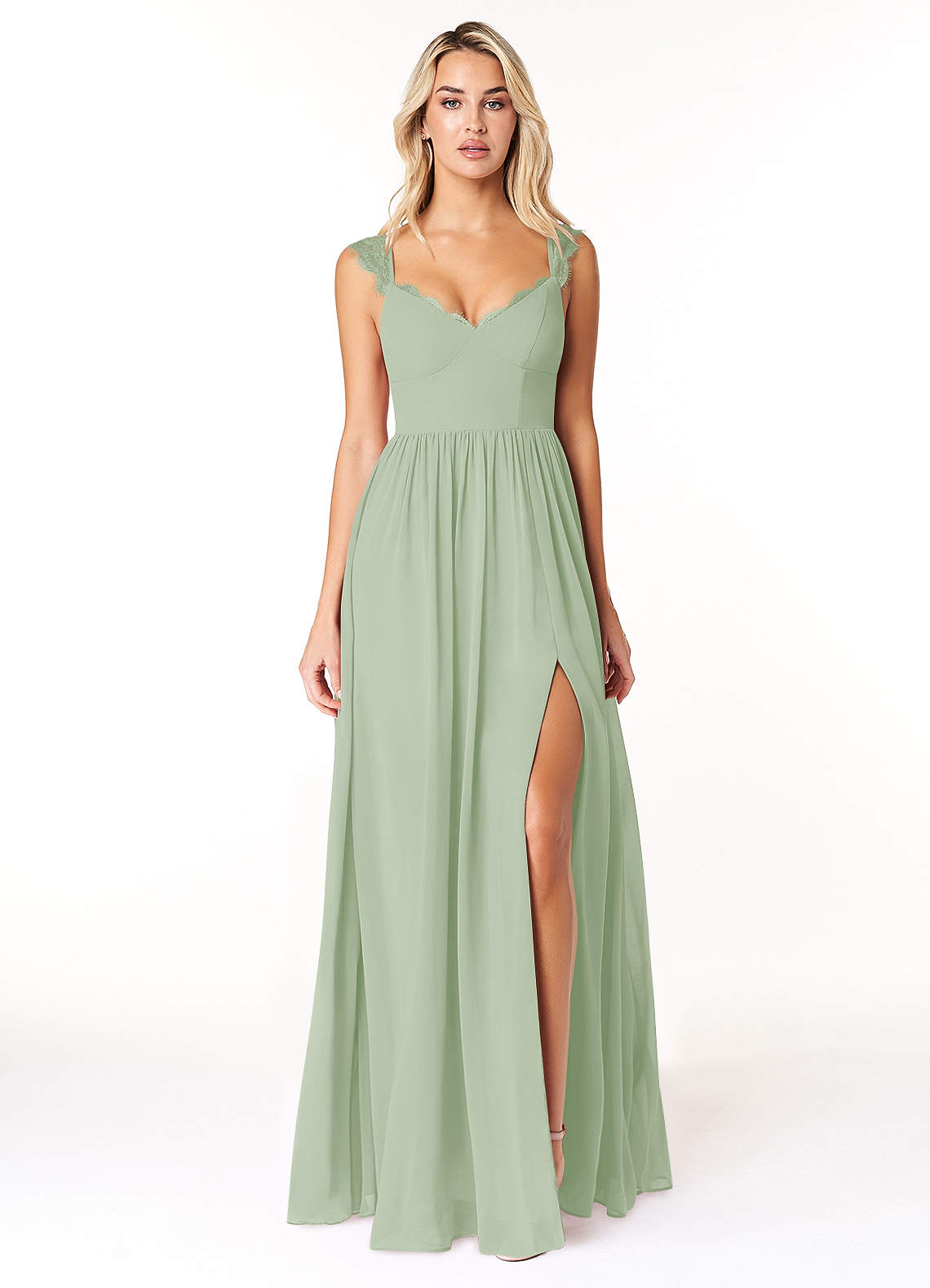 Azazie Cleobella Bridesmaid Dresses Dusty Sage A-Line Sweetheart Lace Chiffon Dress image1