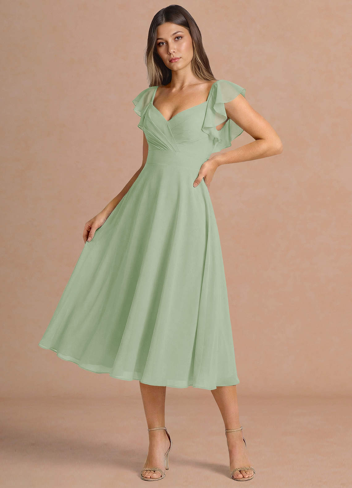 light green midi dress with sleeves Azazie Sweetheart A-Line Ruffles Midi Cocktail Dresses in Light Green