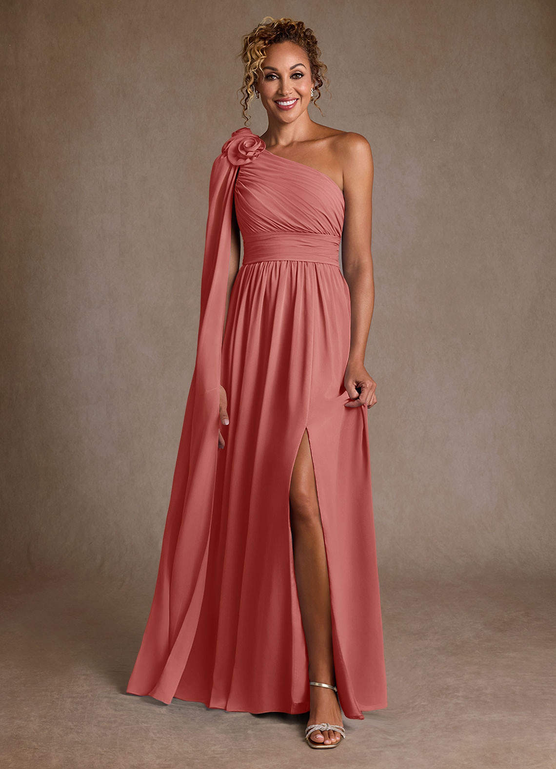 Azazie Lancaster Antique Rose A-Line One Shoulder Chiffon Dress