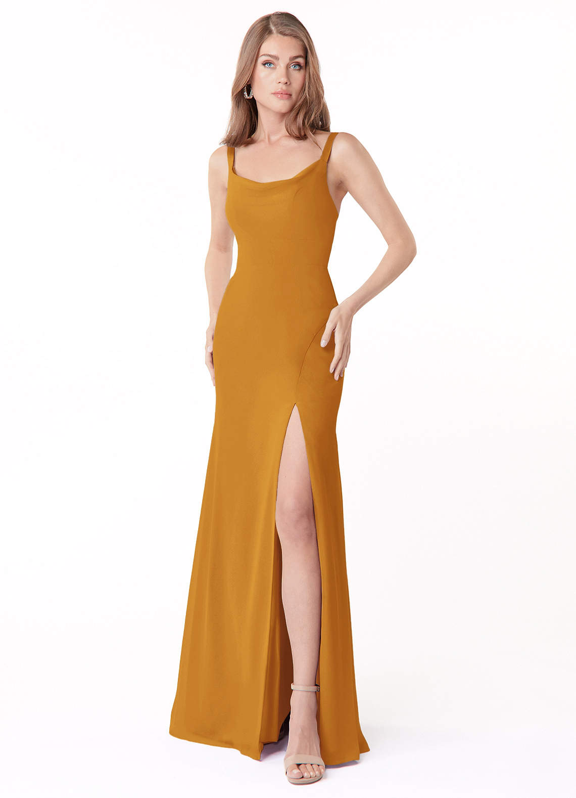 Azazie Salma Bridesmaid Dresses Butterscotch Sheath Side Slit Chiffon Dress image1
