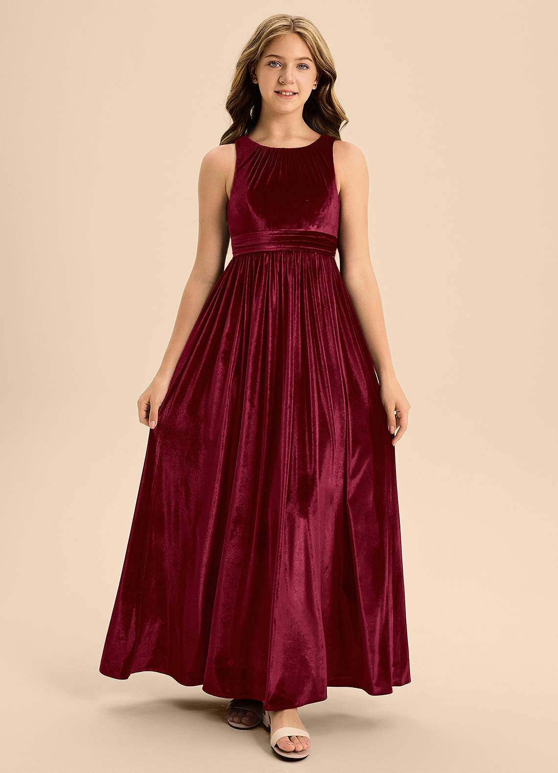 Azazie Jaylah Junior A-Linie Plissee Samt Kleid Burgunderrot image1