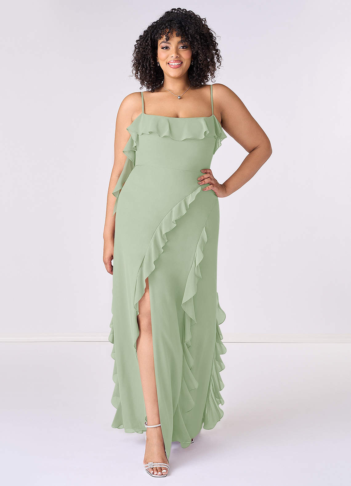 Sweet & Flowy Dusty Sage Chiffon Empire Sweetheart Ankle-Length Bridesmaid Dress with Minimalist Design