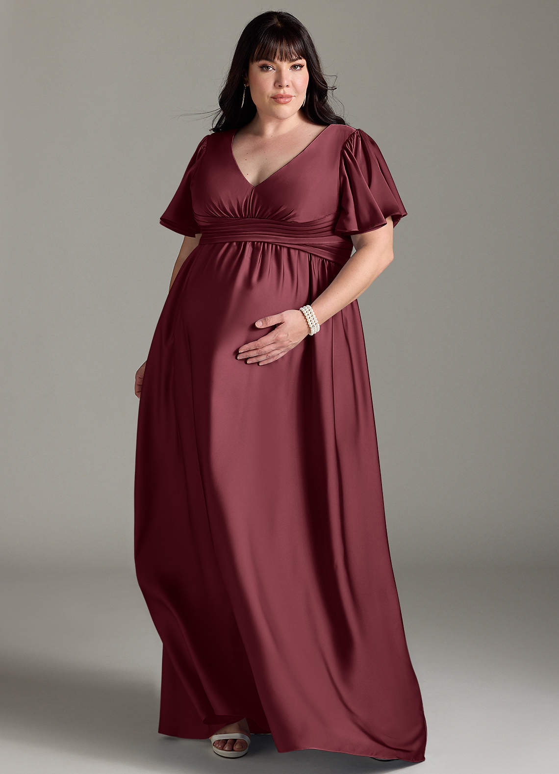 Azazie Verna Maternity Bridesmaid Dresses A-Line Ruched Stretch Satin Floor-Length Dress image1