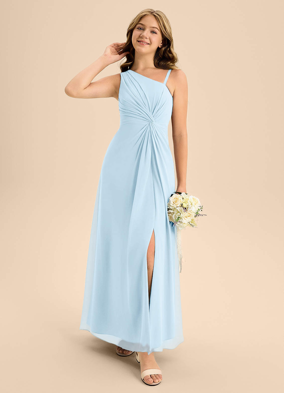 Azazie Brooke Junior Abito A-Line in Chiffon Spacco Laterale Azzurro image1