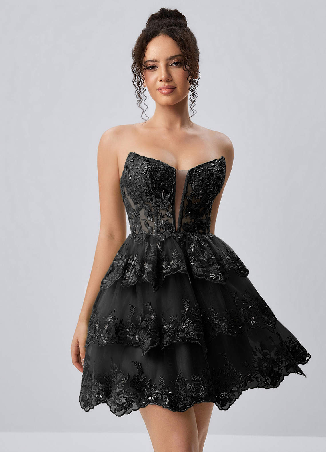 Liaorde Black Ruffles Sequins A Line Mini Dress | Azazie