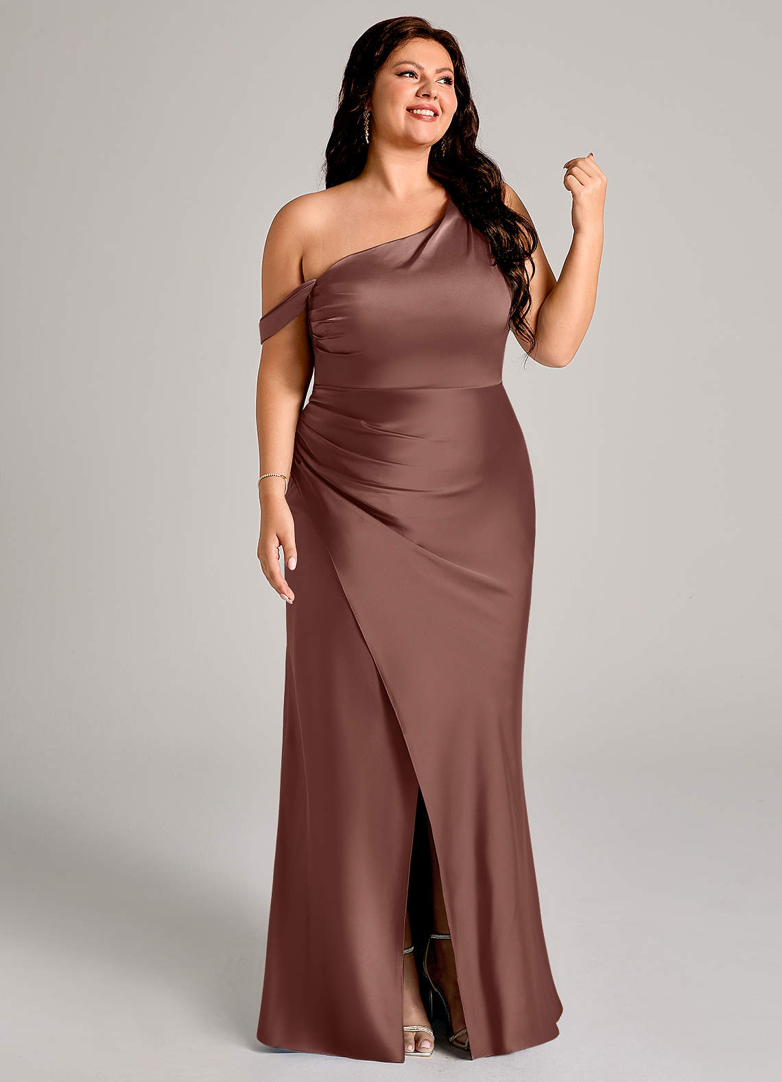 Azazie Madelyn Bridesmaid Dresses Espresso Mermaid One Shoulder Stretch Satin Convertible Dress image12