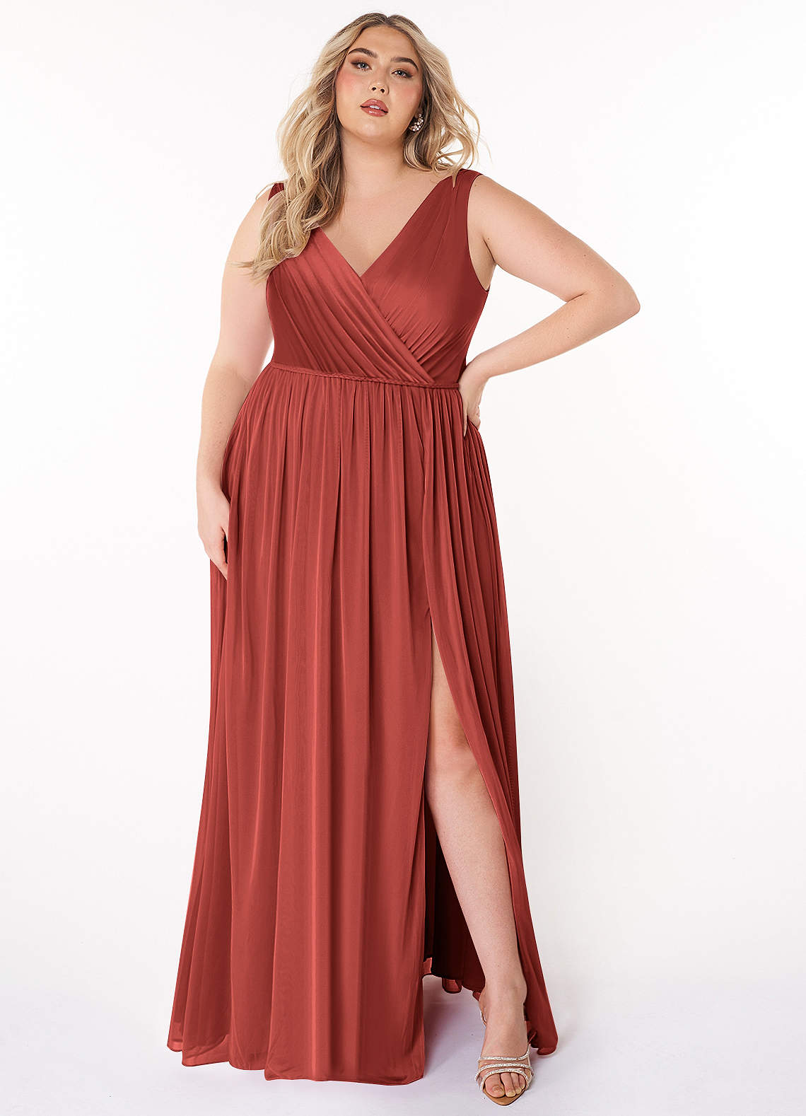 Azazie Tanicia Brautjungfernkleider A-Linie V-Hals Gefaltet Gittergewebe Kleid Terrakotta image1