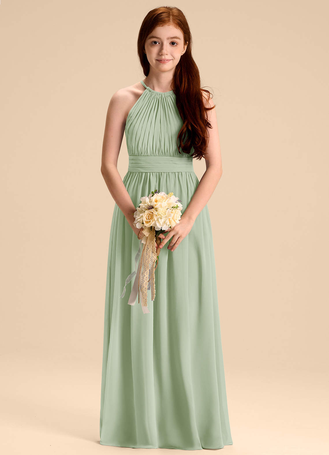 Azazie Malone Junior Vestido Dusty Sage de Chiffon de Linha A com Plissado image2