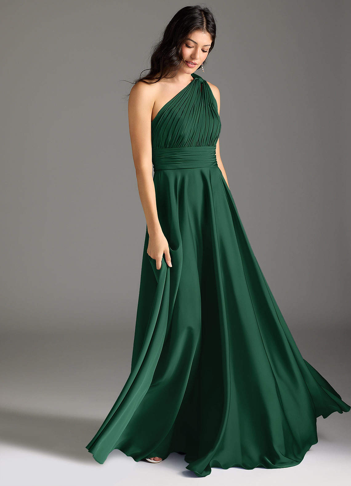 Azazie Charlize Bridesmaid Dresses Dark Green A-Line One Shoulder Stretch Satin Dress image2