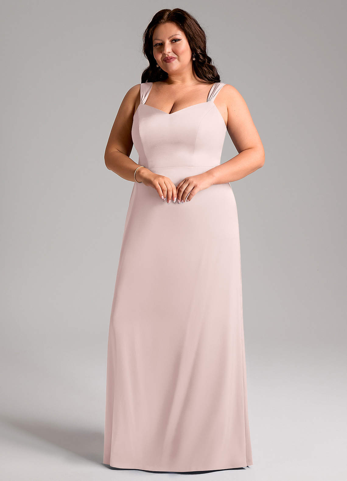 Azazie Denice Bridesmaid Dresses Blushing Pink Sheath Pleated Stretch Satin Dress image1