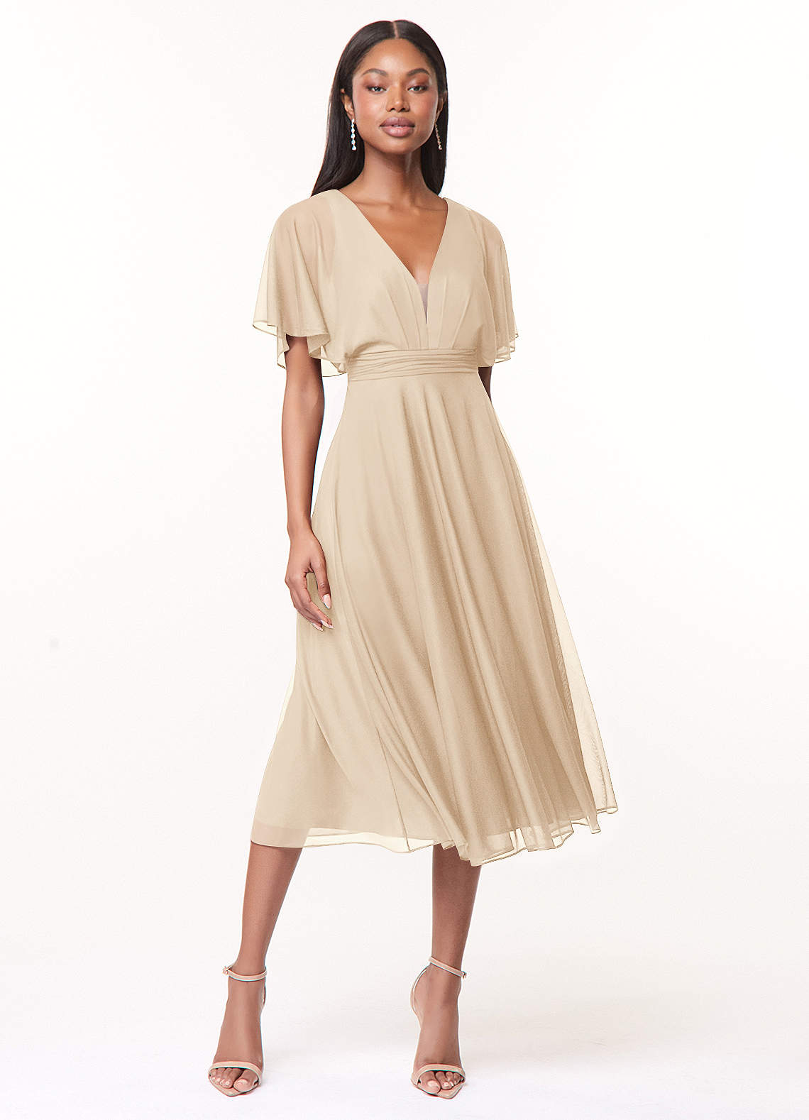 Azazie Tinsley Brautjungfernkleider A-Linie Plissee Gittergewebe Kleid Champagner image1