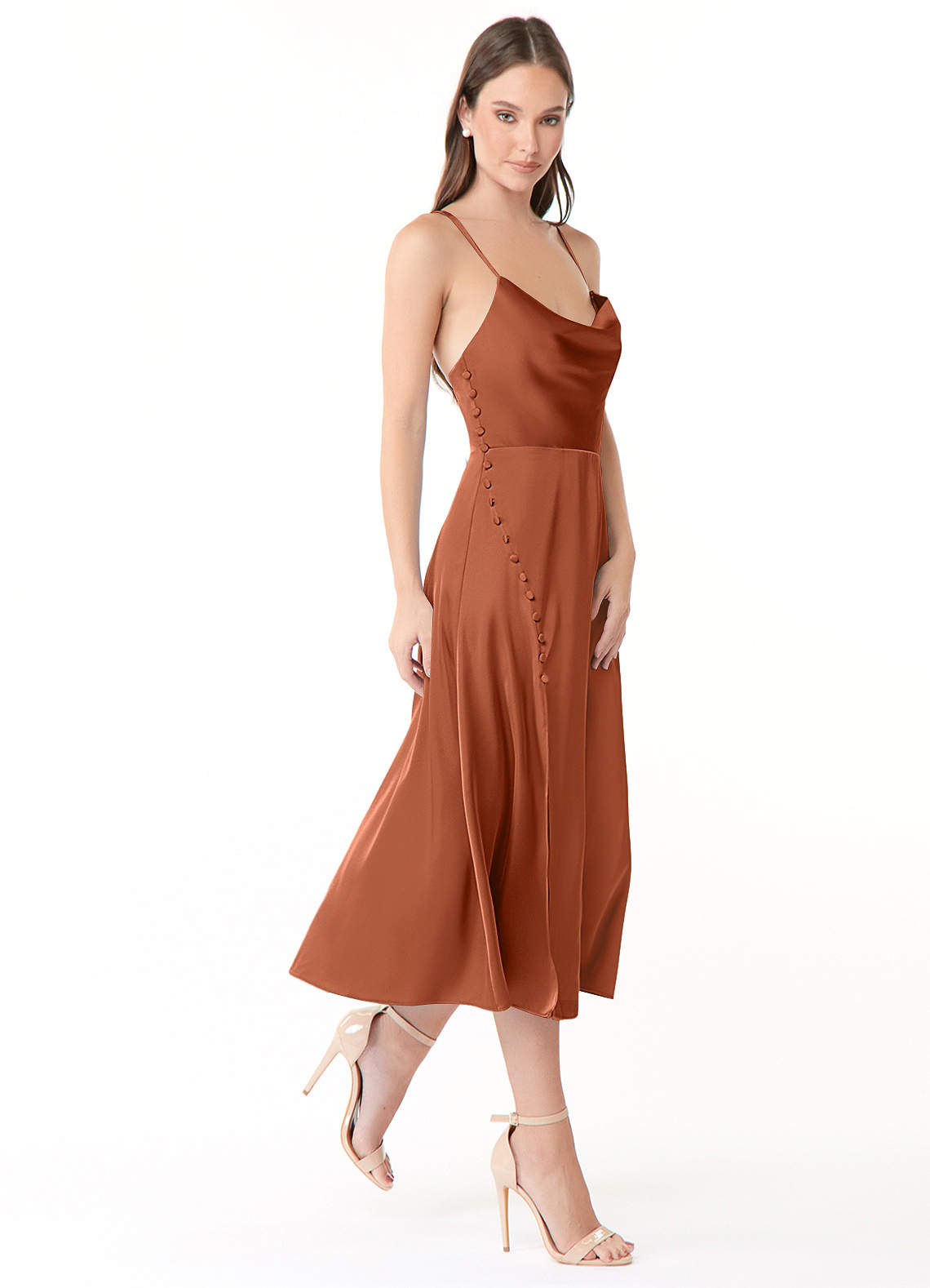 Azazie Ceci Bridesmaid Dresses A-Line Side Slit Stretch Satin Tea-Length Dress image1