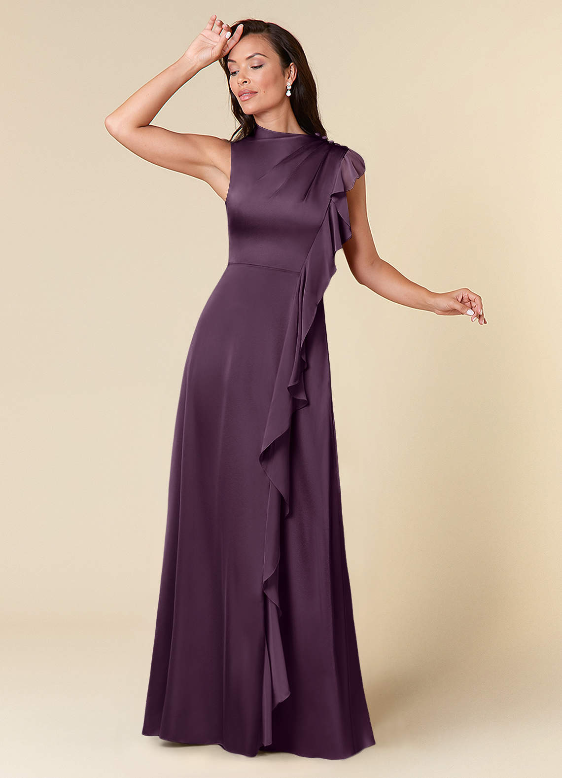 Azazie Narine Plum A-Line High Neckline Pleated Stretch Satin Dress | Azazie