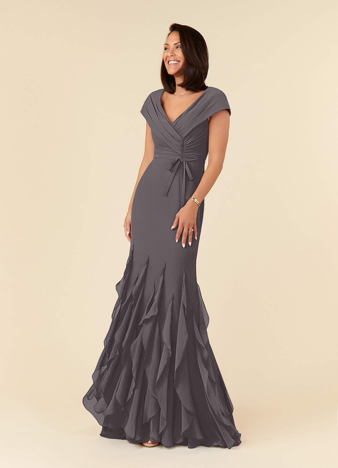 Azazie Bailora Mother of the Bride Dresses Steel Grey Mermaid Ruched Chiffon Dress image1