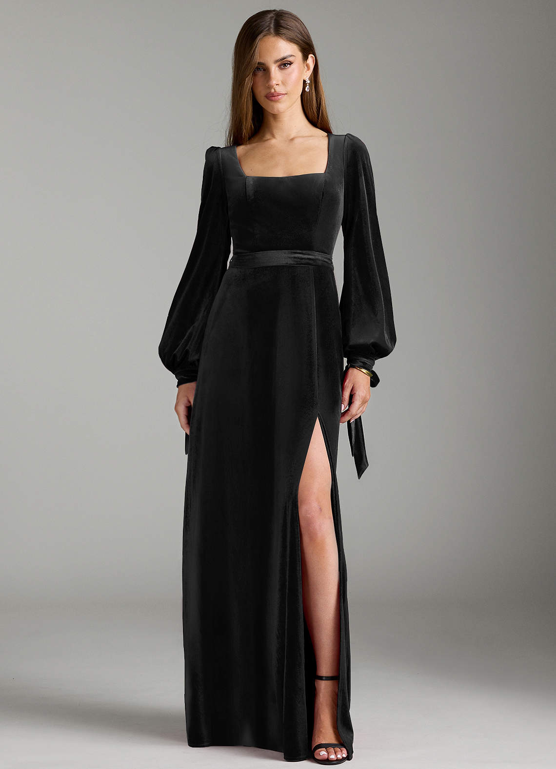 Azazie Leonia Bridesmaid Dresses Black A-Line Long Sleeve Velvet Dress image1
