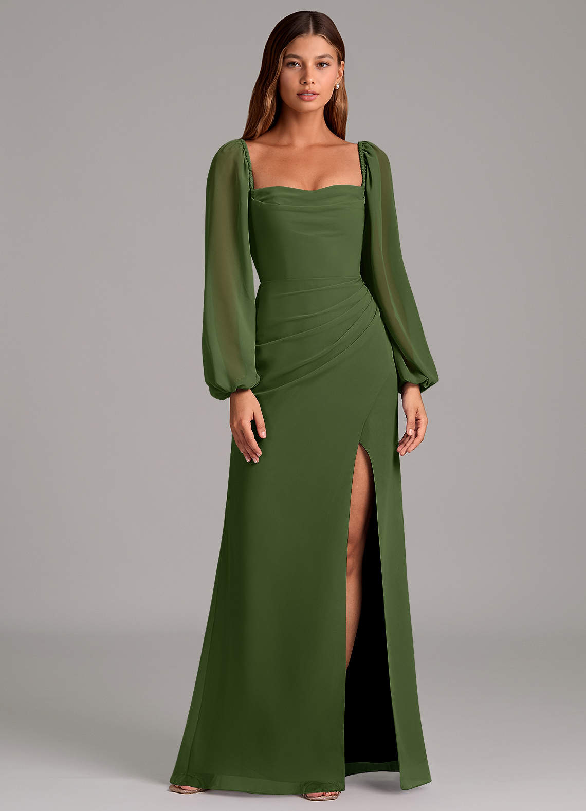 Azazie Brixley Brautjungfernkleider Meerjungfrau-Linie Langarm Chiffon Kleid Olivgrün image1