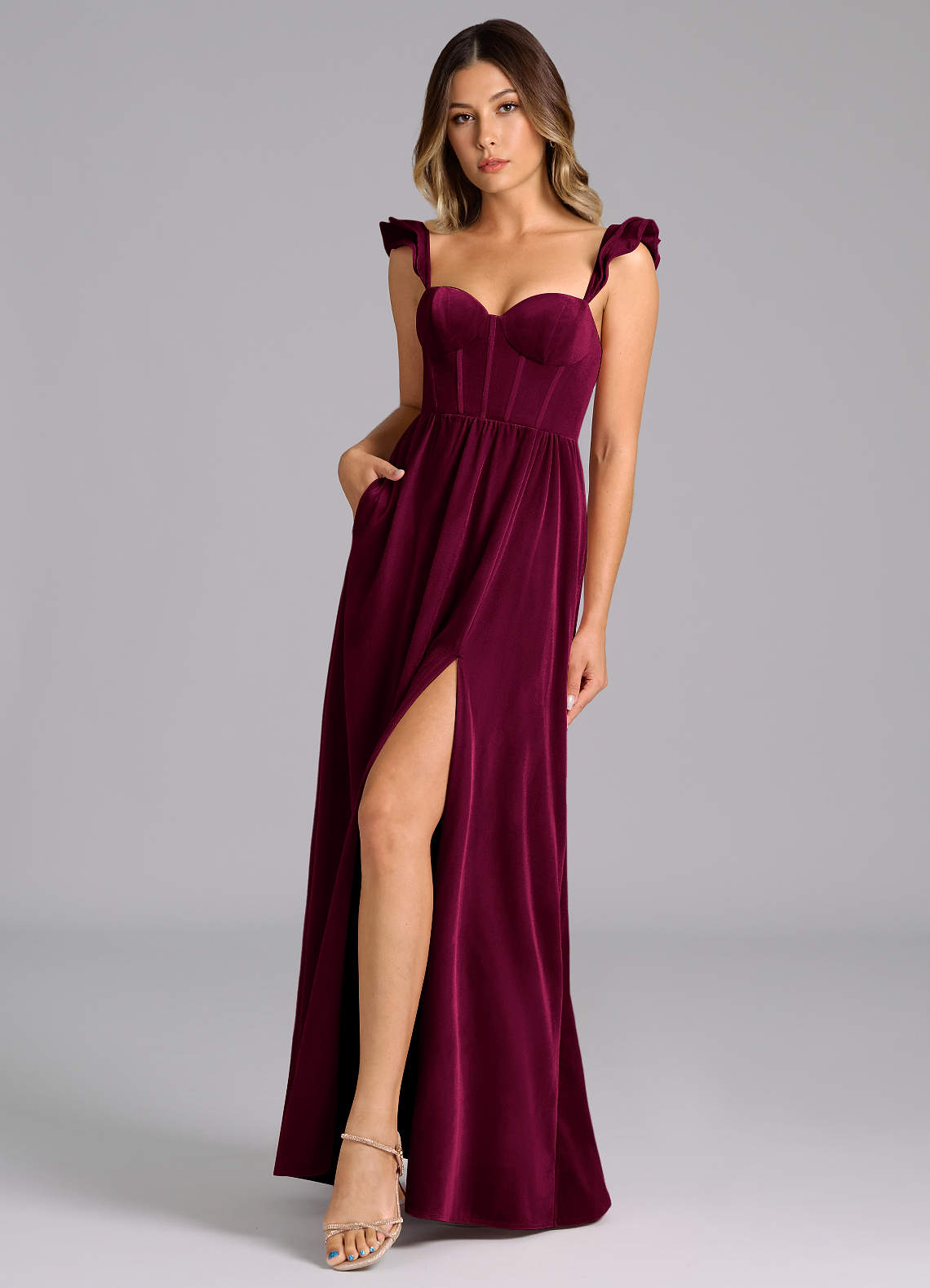 Azazie Denisse Bridesmaid Dresses Cabernet A-Line Ruched Velvet Dress image1