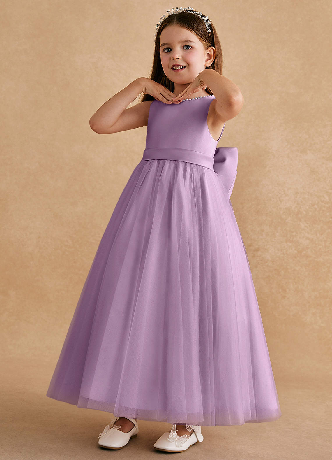 Azazie Cookie Robe Demoiselle D'honneur Fillette Robe Trapèze en Tulle Arc Glycine image3