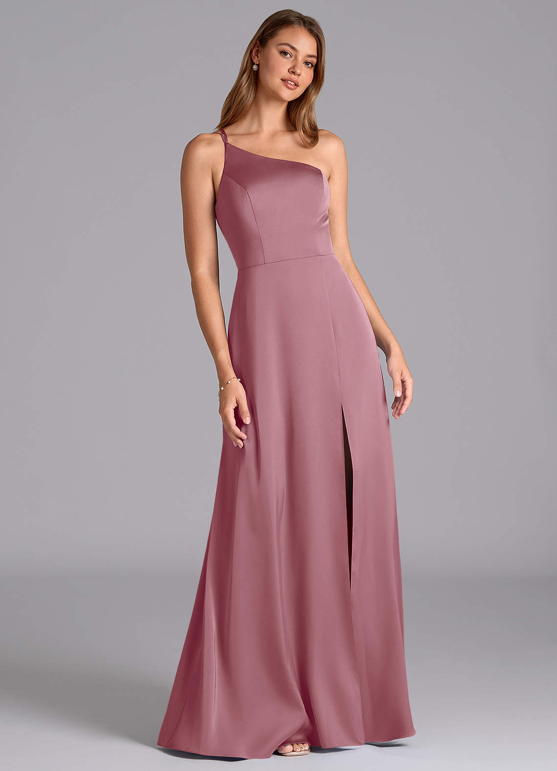 Azazie Trina Bridesmaid Dresses Vintage Mauve A-Line One Shoulder Stretch Satin Dress image1