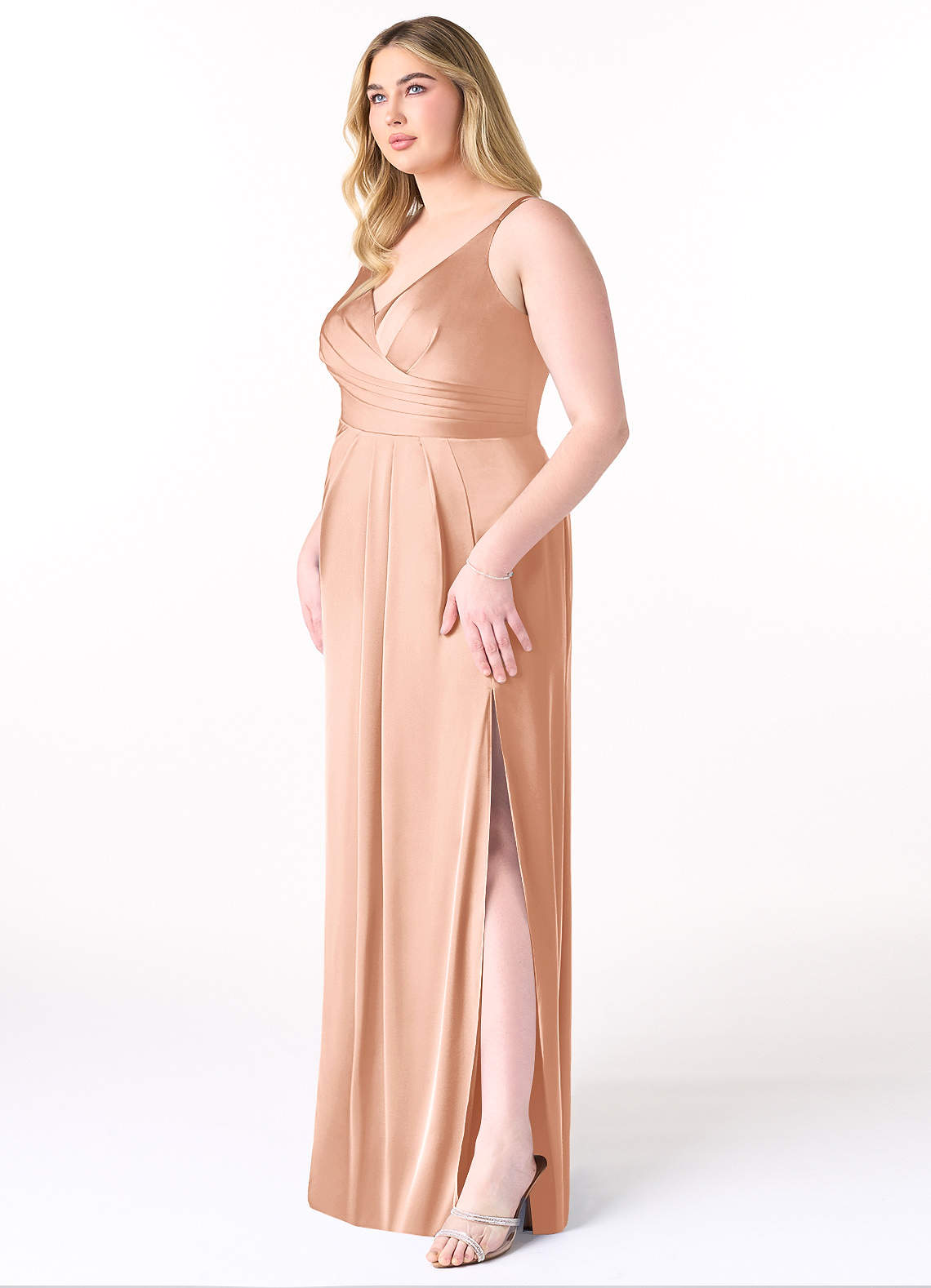Azazie Plus Size A-Line V-Neck Floor-Length Stretch Satin Bridesmaid Dresses - Rose Gold