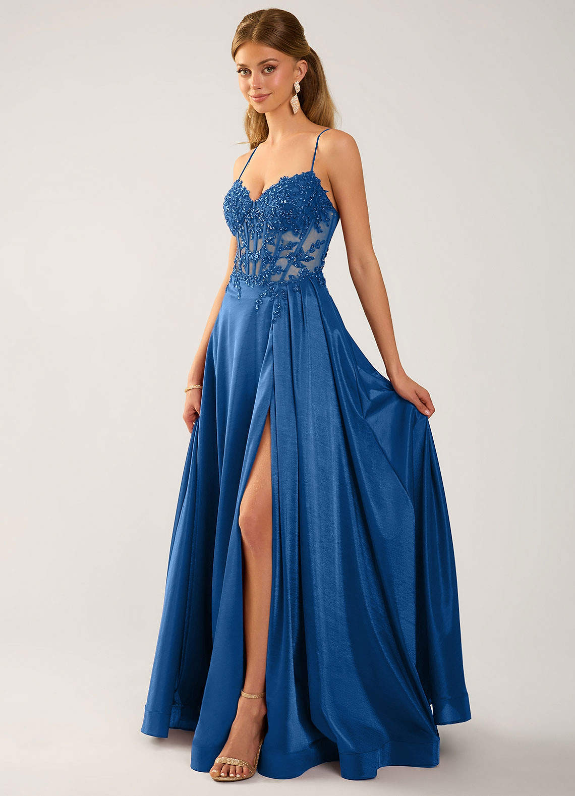 royal blue high low formal dress Azazie Plus Size 2026 Corset Lace Up A-Line Prom Gown abstract