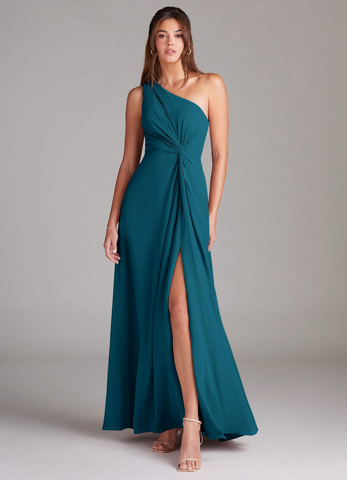 Azazie Brooke Bridesmaid Dresses Ink Blue A-Line One Shoulder Chiffon Dress image1