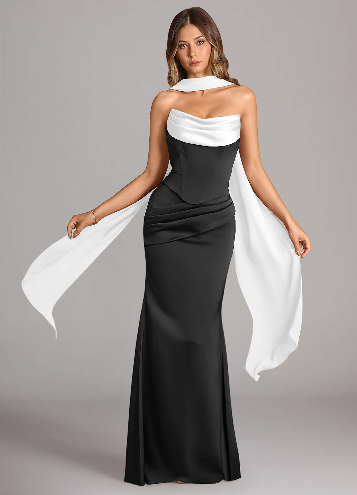 Azazie Sorrel Bridesmaid Dresses Ivory Black Mermaid Strapless Stretch Satin Convertible Dress image1