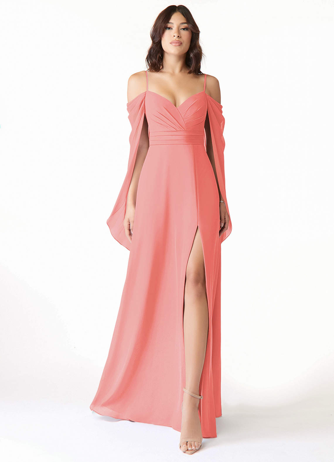 Azazie Cienna Bridesmaid Dresses Coral A-Line Off the Shoulder Chiffon Dress image1